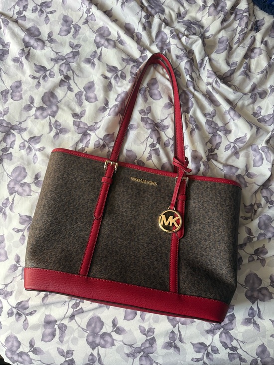 Michael Kors Handbags - Michael Kors Brown MK Signature Tote with Red Trim and Handles